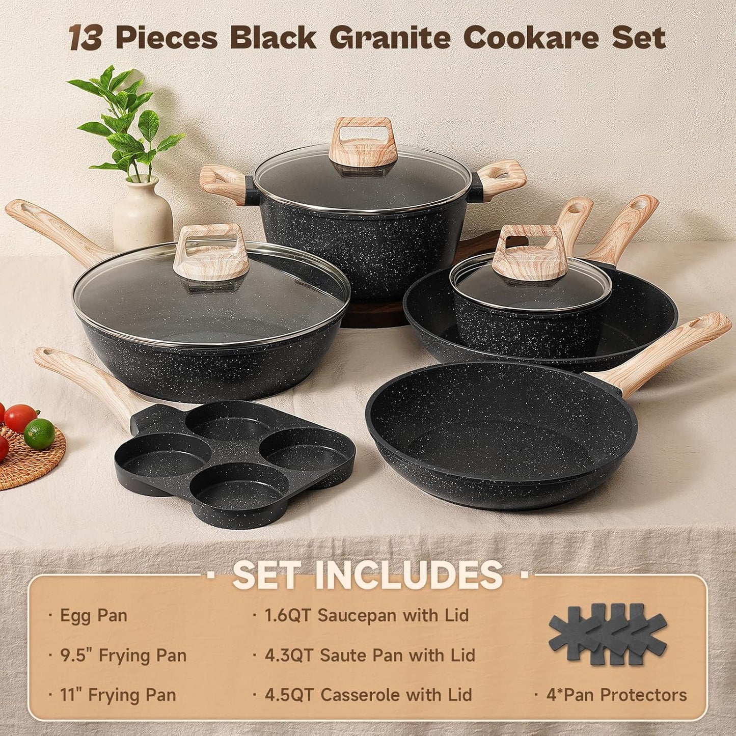 13 Pcs Pots and Pans Set, Nonstick Cookware Sets Black Granite Induction Cookware, Non-toxic Healthy Non stick Kitchen Cooking Set with Frying Pans Set, Saucepans (PFAS/PFOA/PFOS Free)