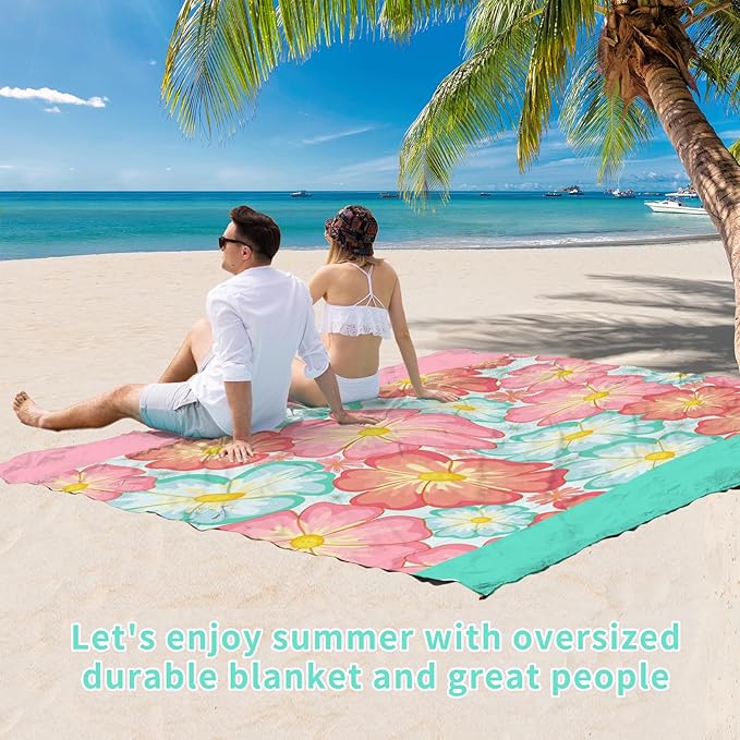 BYDOLL Beach Blanket Sandproof Waterproof Flower 78''×81''1-4 Adults Compact Lightweight Oversized Beach Blanket Large Picnic Mat Beach Blanket for Travel Camping Hiking Picnic