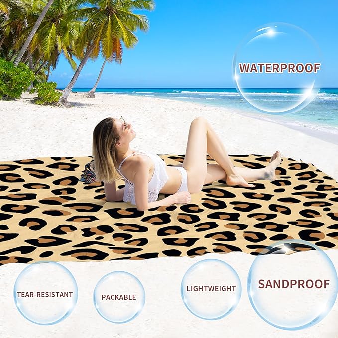 BYDOLL Beach Blanket 78''×81'' 1-4 Adults Leopard Waterproof Sandproof Oversized Lightweight Beach Blanket Large Picnic Mat Beach Blanket for Beach Travel Camping Hiking Picnic