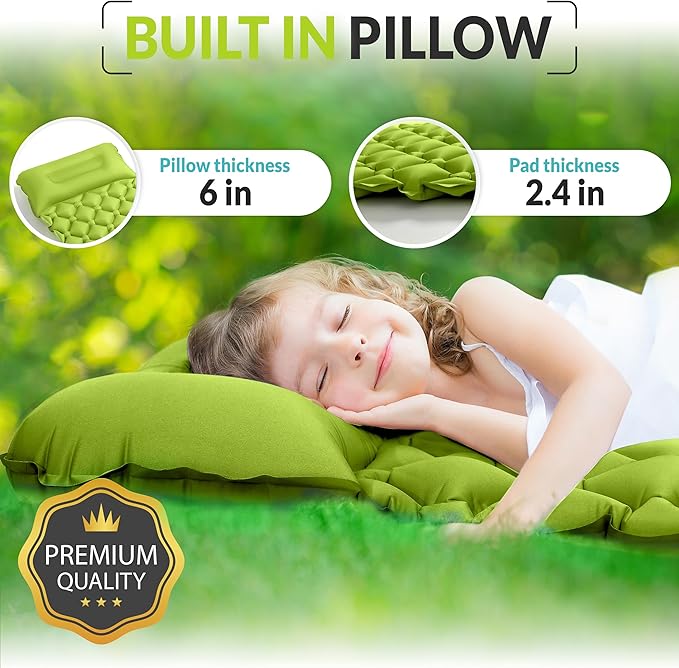 Kids Sleeping Pad for Camping and Sleepovers with Pillow, Inflatable Camping Mattress for Backpacking & Travel, Thick Toddler Cot Mat, Fast Inflating Camping Sleeping Pads for Kids