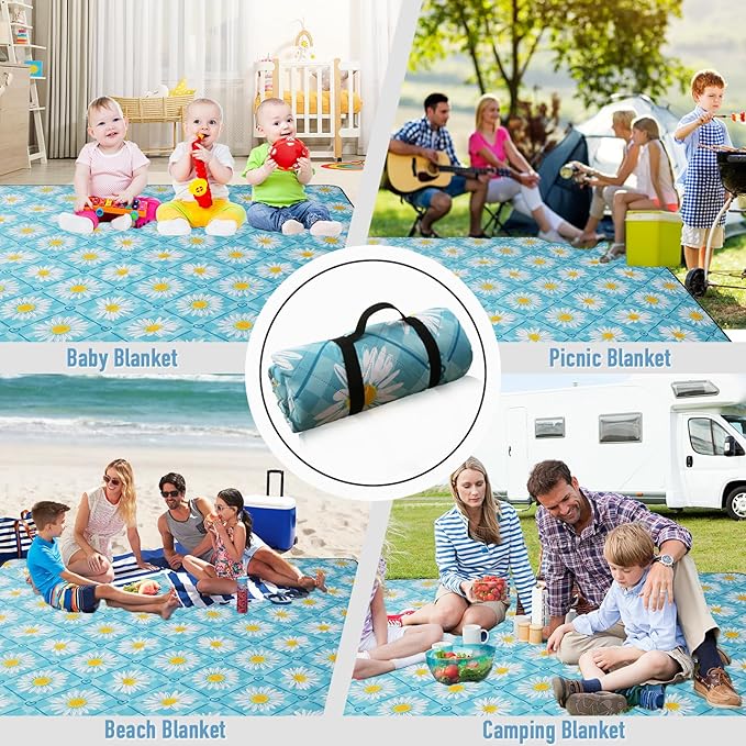 Picnic Blanket Extra Large(79" x 82"), 3-Layer Thickening Camping Blanket, Machine Washable Outdoor Blanket, Wear-Resistant, Soft and Comfortable, Sandproof Beach Mat for Beach, Park, Lawn