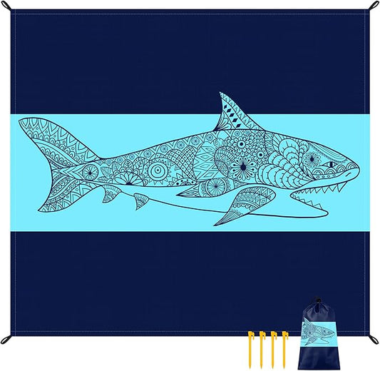 78''×86'' Large Beach Blanket Sandproof, Waterproof Sand Free Beach Mat 4 Adults w/ 4 Stakes & Pockets, Lightweight Foldable Outdoor Picnic Blanket for Camping, Travel, Hiking Accessories - Navy Shark