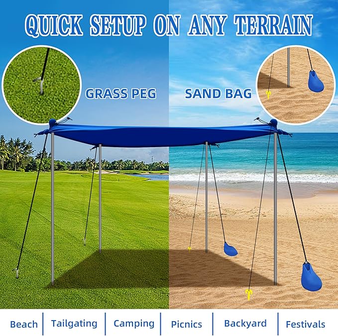 UMARDOO Family Beach Tent Canopy Sun Shade Portable 7×7FT, Large Wind Resistance Beach Sun Shelter Easy Setup with Packable Carry Bag for Outdoor Travel UPF 50+(Blue)