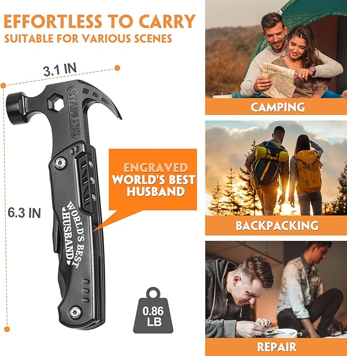 Husband Gifts for Valentines Day - Fathers Day Husband Gifts for Him, Husband Birthday Gift - 15 in 1 Multitool Hammer, Husband Gifts from Wife - Anniversary Christmas Ideal Gifts for Men Him