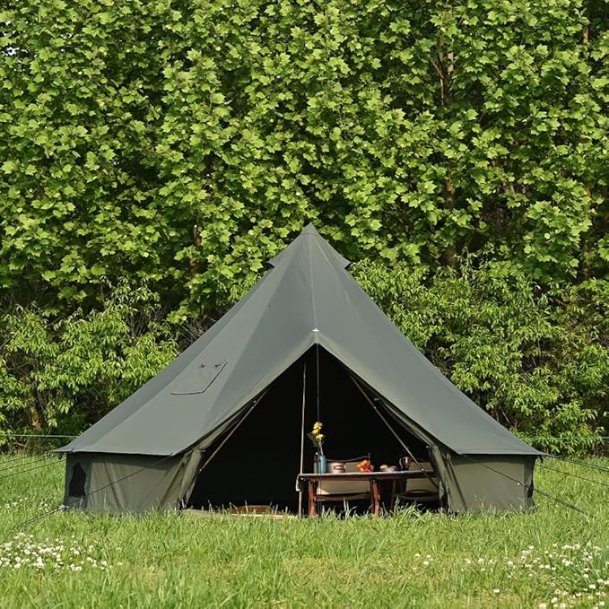 Cotton Canvas Bell Tent with Stove Jack, Roomy Yurt for Family Glamping Camping, 4 Season Tent with Zipped Removable Floor