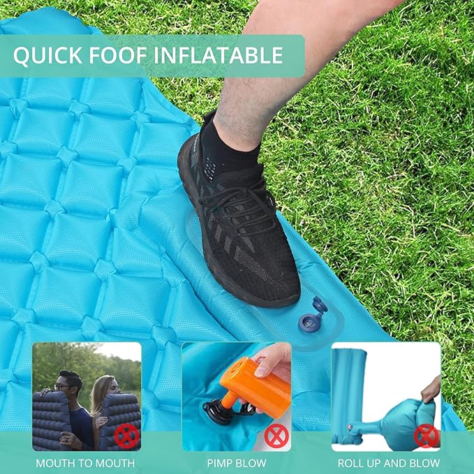 VINTEAM Double Sleeping Pad with Pillow Hand or Foot Self Inflating Camping Mat Durable 40D Nylon Camping Air Mattress Ultralight 2 Person Camping Sleeping Pad or Tent Hiking Camp Travel (Blue)
