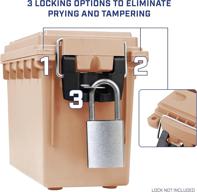 Sheffield 12627 Ammo Storage Box, Stackable .30 Cal Field Boxes, Water and Dust Resistant, Lockable Storage Box with Handle, Secures Hunting Gear, Supplies, and Bullets, Made in USA, Tan, 1-Pack