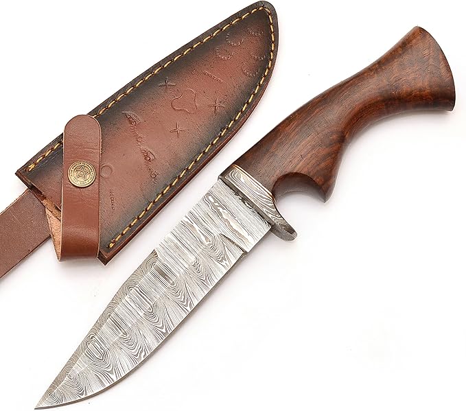 Handmade Damascus Steel Hunting Knife With Sheath Ideal for Outdoor, Skinning, Comping - Fixed Blade Knife with Rosewood Handle.
