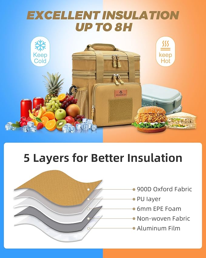 HSHRISH Expandable Large Tactical Lunch Box for Adults, Double Deck Durable Insulated Lunch Bag, Leakproof Cooler Bag Lunch Pail for Men Work Outdoor Picnic Trips, 24Cans/15L(Brown)