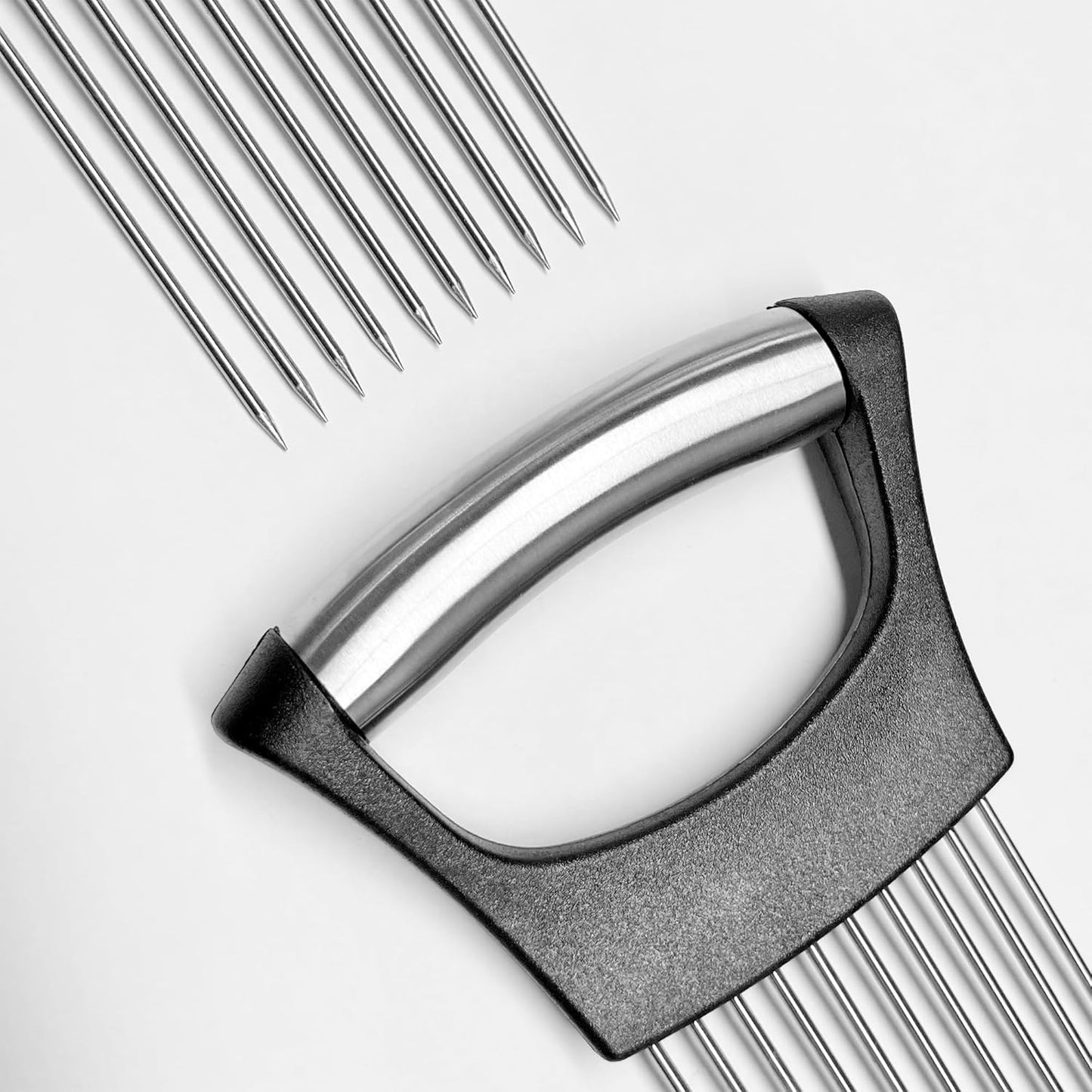 2 Pcs Onion Slicer holder, Premium Vegetable Slicing Tool for Potato and Tomato, Food Cutter Assistant Tool for Slicing Fruit Lemon and Meat, Stainless Steel Kitchen Tool (Black)