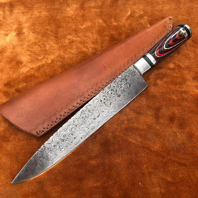 Custom Handmade Damascus 15" Rain Drop With Color Dollar Sheet Kitchen Knife With Leather Sheath