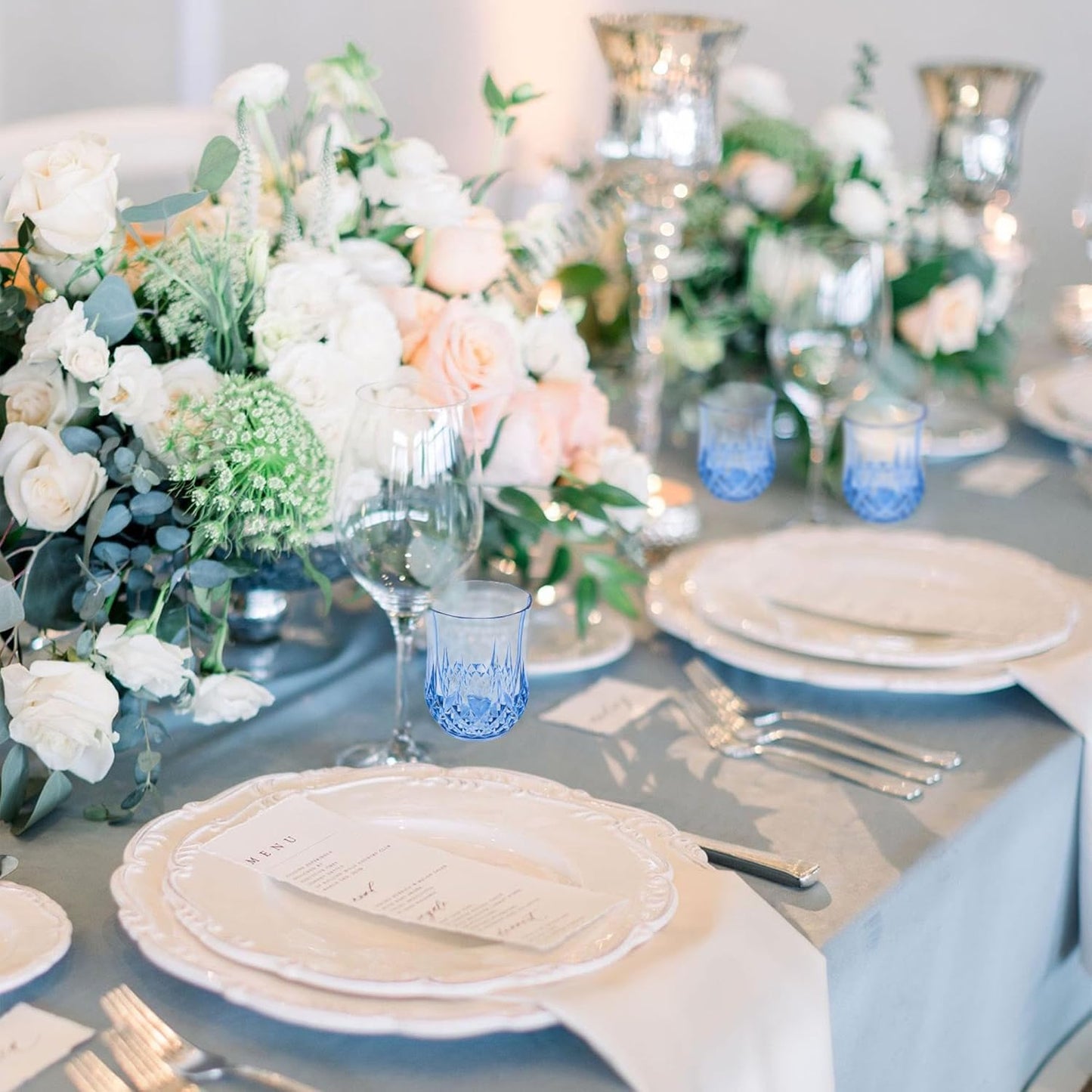 12 PCS Blue Stemless Wine Glasses，Plastic Reusable Cups 9OZ Vintage Drinking Glasses Tumblers for Whisky, Beer, Juice, Beverages, Cocktai