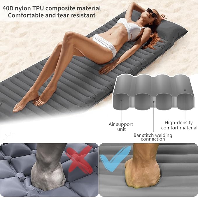 ONTYZZ Inflatable Sleeping Pad Ultralight Inflatable Sleeping Pad Camping Sleeping Pads with Pillow and Built-in Foot Pump for Hiking Traveling Camping, Grey