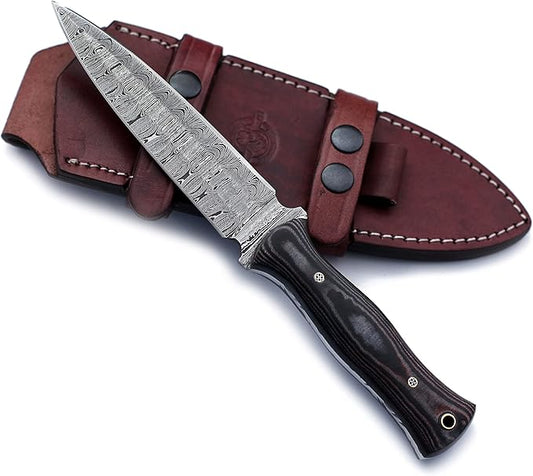 Handmade Damascus Steel Fixed Blade Bowie Knife For Edc,Hunting,Survival,Camping,Bushcraft and Fishung with Fixed Blade Spear Point Blade and Full Tang Micarta Handle with Cowhide-Leather Sheath-WKD-779