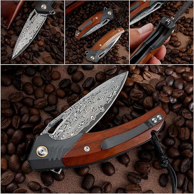 Handmade Forged Damascus Steel Folding pocket Knife, 3.07inch Damascus Steel Blade and 4.05inch Wood Handle,with pocket Clip,Retro Leather Sheath, EDC Pocket Knives for Camping Tactical Outdoor Knife.