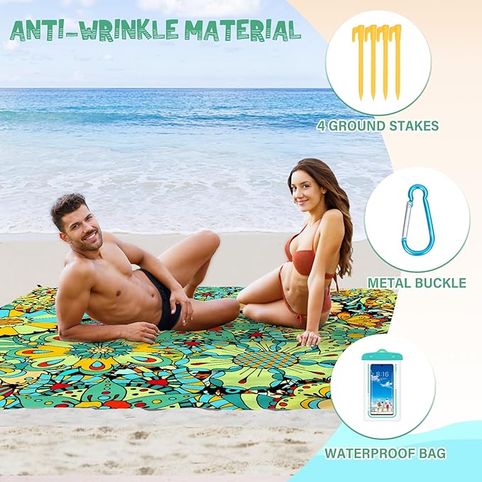 Beach Blanket Waterproof Sandproof 1-7 Adult Oversized 78 '' × 110 '' Lightweight Durable Compact Sand Free Beach Mat for Travel Camping Hiking Picnic Blanket Extra Large