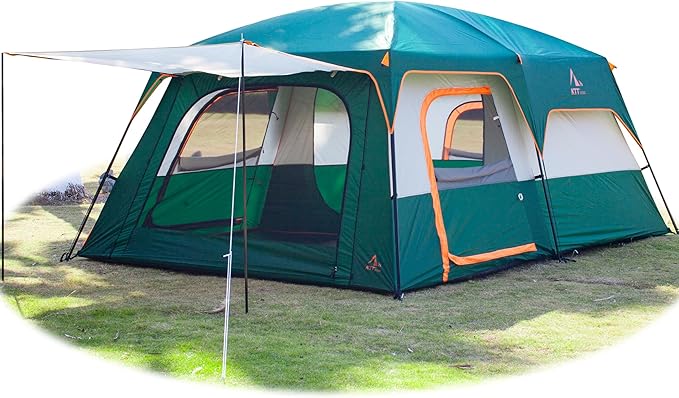 KTT Extra Large Tent 10-12-14 Person(A),Family Cabin Tents,2 Rooms,3 Doors and 3 Windows with Mesh,Straight Wall,Waterproof,Double Layer,Big Tent for Outdoor,Picnic,Camping,Family Gathering