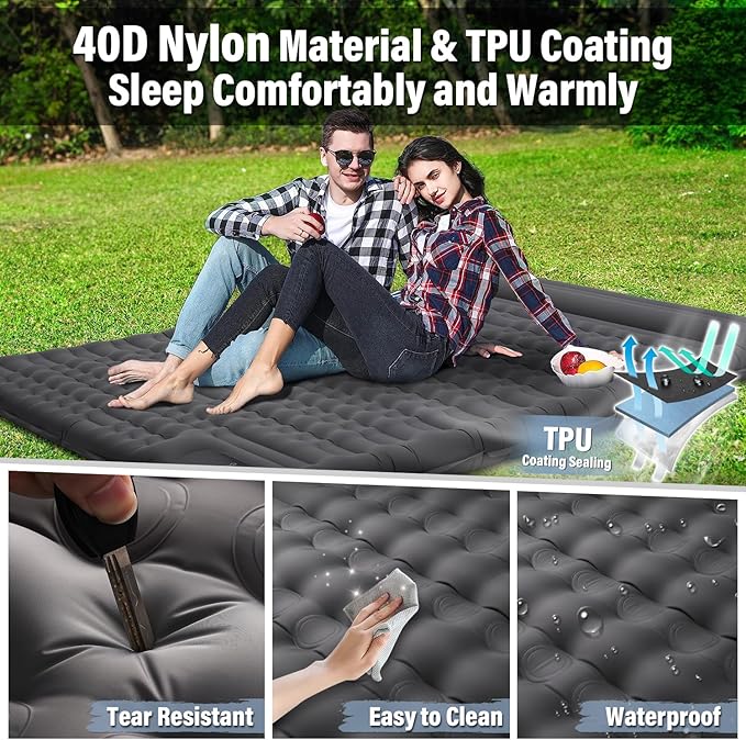 Sleeping Pad for Camping 2 Person Extra 4.7 Inch Thickness Self Inflating Mat with Pillow Built-in Foot Pump Portable Double, Grey