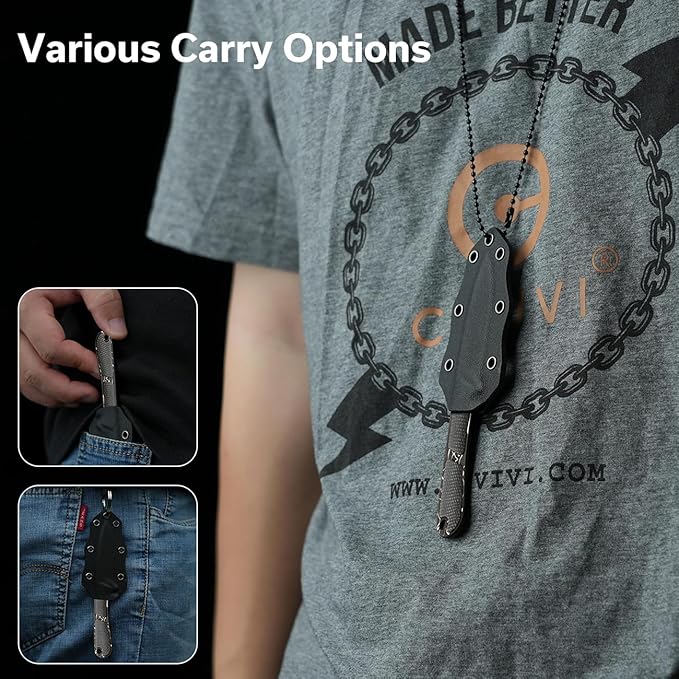 CIVIVI Mini Elementum Fixed Blade Knife with a Kydex Sheath and a Chain for EDC Neck Carry, Small Skeletonized Full Tang Knife with 2.24" Damascus Blade Micarta Handle C23010-DS1