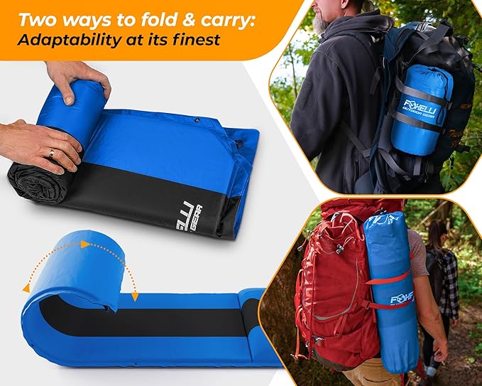 Foxelli Self Inflating Sleeping Pad for Camping, Backpacking, Hiking, Insulated Foam Lightweight Camping Mat, Inflatable Camp Mattress with Pillow