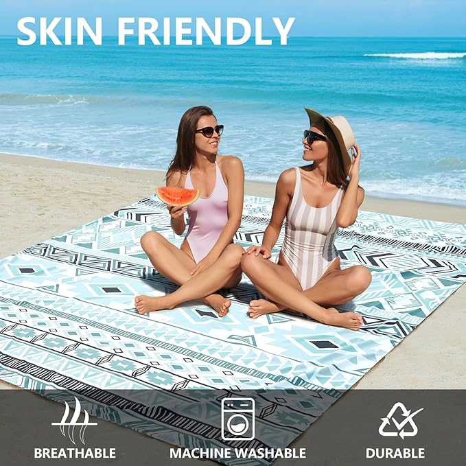 Beach Blanket, Sandproof Beach Mat, Waterproof Quick Drying Lightweight Outdoor Aztec Picnic Mat 79" X 83" for 2-4 Adults with Pocket for Travel, Camping, Hiking