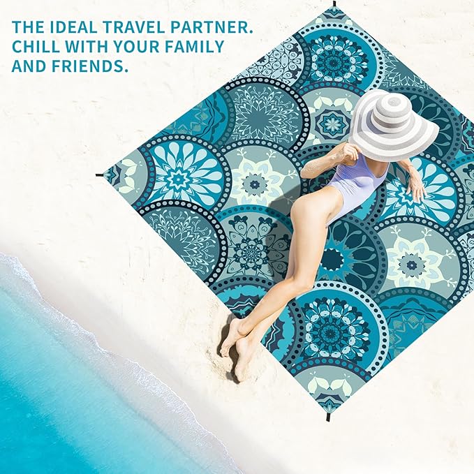 BYDOLL Beach Blanket Sandproof Waterproof 78''×81'' 1-4 Adults Compact Lightweight Oversized Beach Blanket Large Picnic Mat Beach Blanket for Travel Camping Hiking Picnic