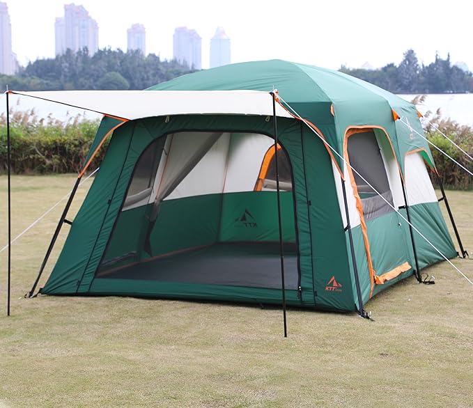 KTT Extra Large Tent 10-12-14 Person(Style-B),Family Cabin Tents,2 Rooms,3 Doors and 3 Windows with Mesh,Straight Wall,Waterproof,Double Layer,Big Tent for Outdoor,Picnic,Camping,Family Gathering