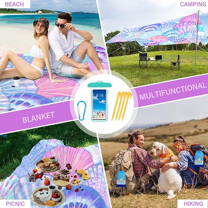 BYDOLL Beach Blanket Sea Shell Sandproof Waterproof 78''×81''1-4 Adults Compact Lightweight Oversized Beach Blanket Large Picnic Mat Blanket for Travel Camping Hiking Picnic