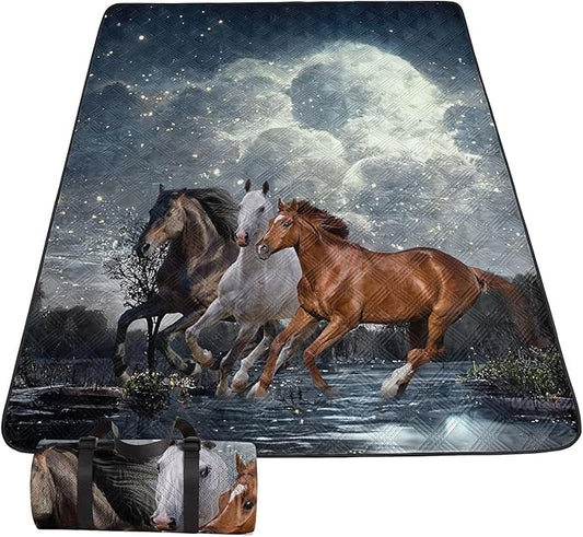 Outdoor Picnic Blanket Portable Ultrasonic Waterproof Picnic Mat 3D Horses Printed Camping Beach Mat for Sand and Wet Grass Hiking (3D Horses S)
