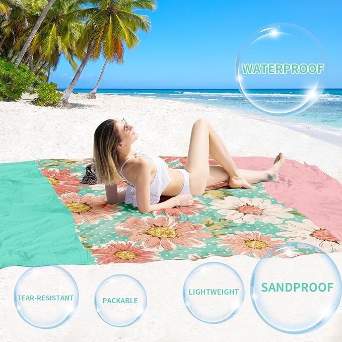 BYDOLL Beach Blanket Sandproof Waterproof 78''×110'' 1-7 Adults Compact Lightweight Oversized Beach Blanket Large Picnic Mat Beach Blanket for Travel Camping Hiking Picnic