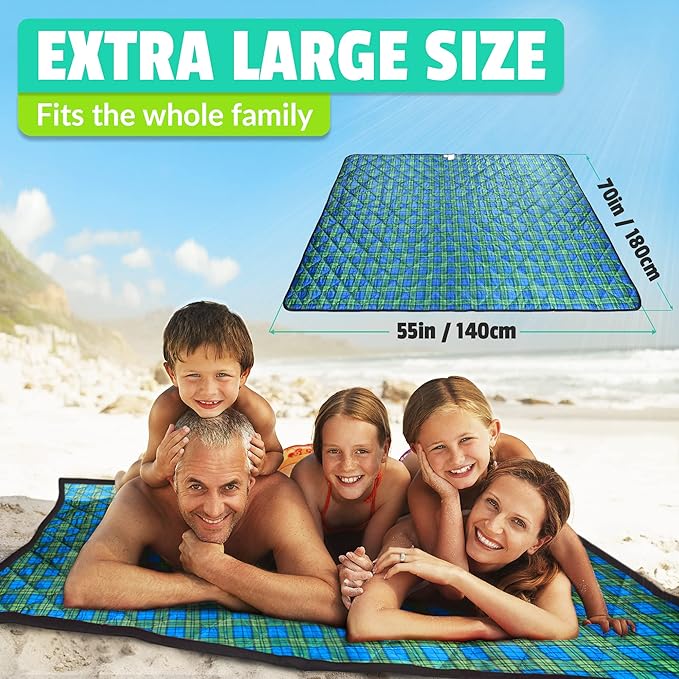 Beach Blanket Sand Proof & Outdoor Picnic Blanket - Water Resistant, Large Mat for Camping or Travel. Washable, Foldable, Easy Carry Compact Tote Bag (Green/Blue Plaid)