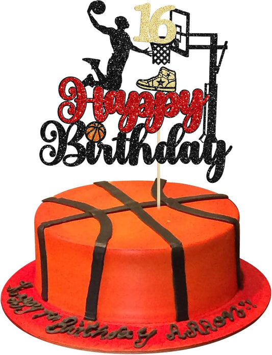 1Pc Cheers to 16 Years Birthday Cake Topper Glitter Hello 16 Sweet 16 Cake Pick Sixteen Years Old Birthday Cake Decoration for 16th Basketball Sports Party Supplies Black