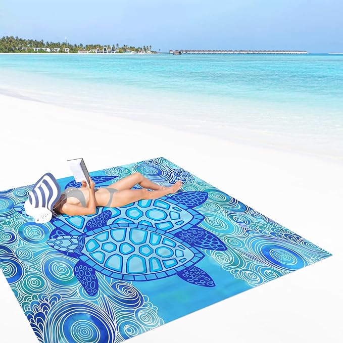 Beach Blanket Waterproof Sandproof, 78''×86'' Large Beach Mat Sand Free with 4 Stakes & Sand Pockets, Lightweight & Compact Foldable Picnic Blanket for Outdoor, Camping Must Have - Ocean Sea Turtle