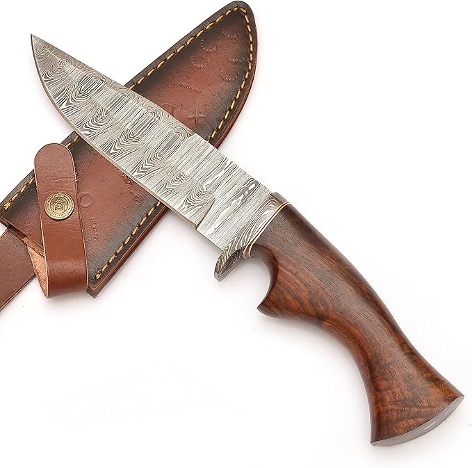 Handmade Damascus Steel Hunting Knife With Sheath Ideal for Outdoor, Skinning, Comping - Fixed Blade Knife with Rosewood Handle.
