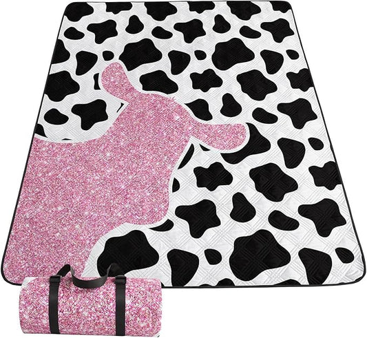 Outdoor Picnic Blanket Portable Ultrasonic Waterproof Picnic Mat Cow Spots Printed Camping Beach Mat for Sand and Wet Grass Hiking (Cow Spots S)