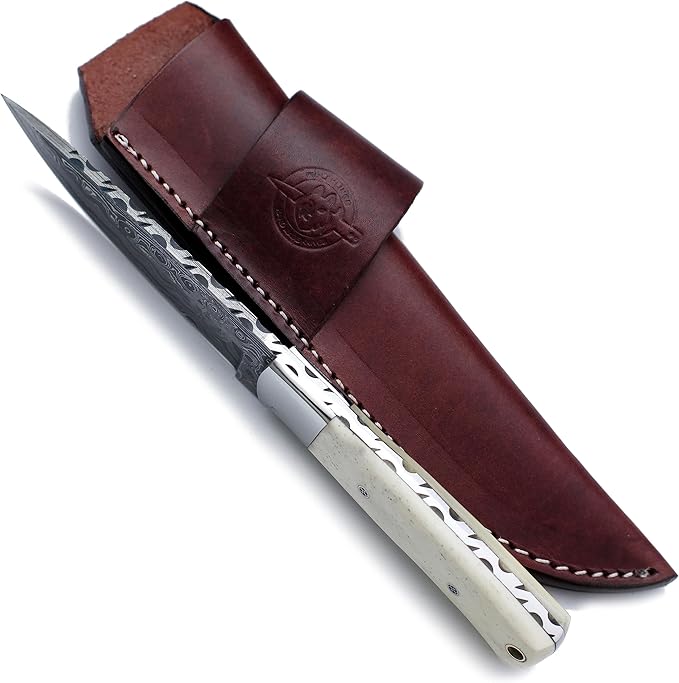 Handmade Damascus Steel Fixed Blade Knife Bowie for EDC,Hunting,Survival,Camping,Bushcraft,and Fishing with Drop Point Full Tang Bone Handel with Cowhide-Leather Sheath-WKD-789