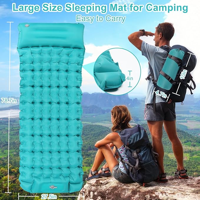 Sleeping Pad for Camping, Ultralight Inflatable Sleeping Mat with Pillow, Built-in Foot Pump, Self Inflating 4" Extra-Thick Camping Air Mattress, Compact Camping Pads for Sleeping, Backpacking