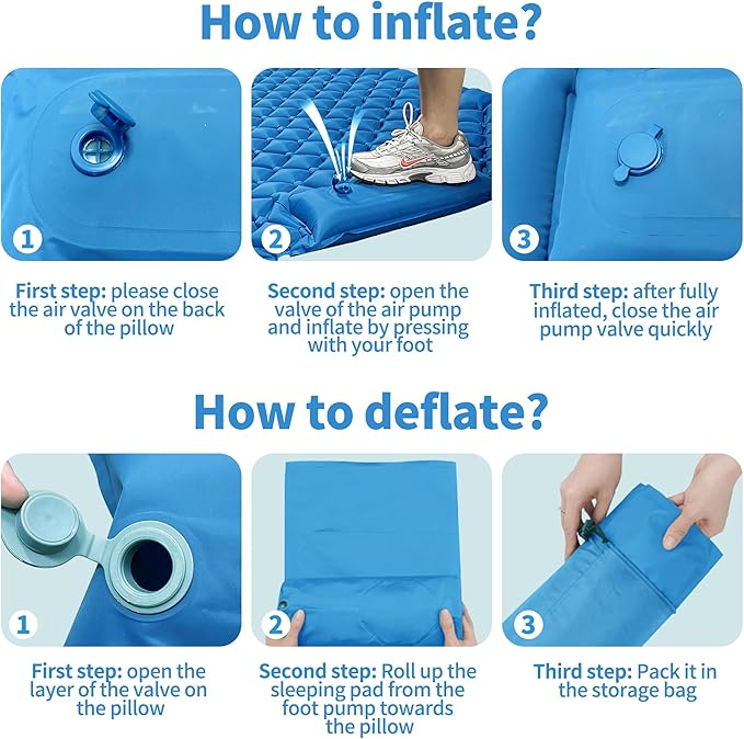 Double Sleeping Pad for Camping, 2 Person Ultralight Inflatable Sleeping Mat with Pillow and Built-in Foot Pump, Portable Camping Mattress for Tent, Backpacking, Hiking, Traveling-Upgrade Blue