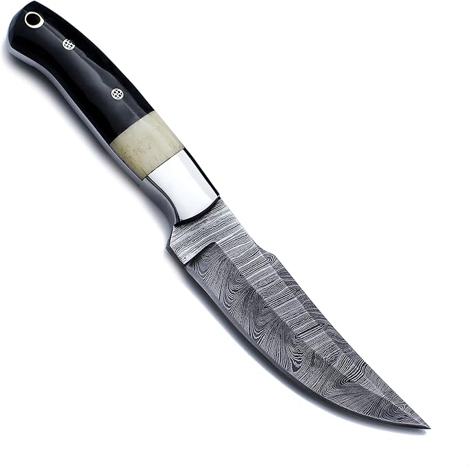 Handmade Damascus Steel Fixed Blade Knife Ideal for EDC Hunting,Survival,Camping,Bushcraft,And Fishing Fixed Blade with Drop Point Blade-Full Tang Bone Handle with CowHide-Leather Sheath-WKD-786