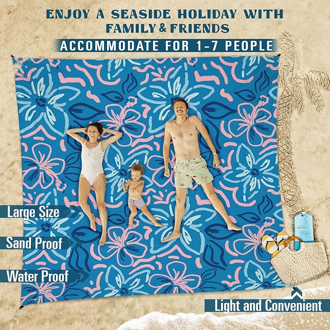 Beach Blanket Sandproof Waterproof 78''×110'' 1-7Adults Oversized,Compact Lightweight Durable Beach Mat for Travel Camping Hiking Picnic Blanket