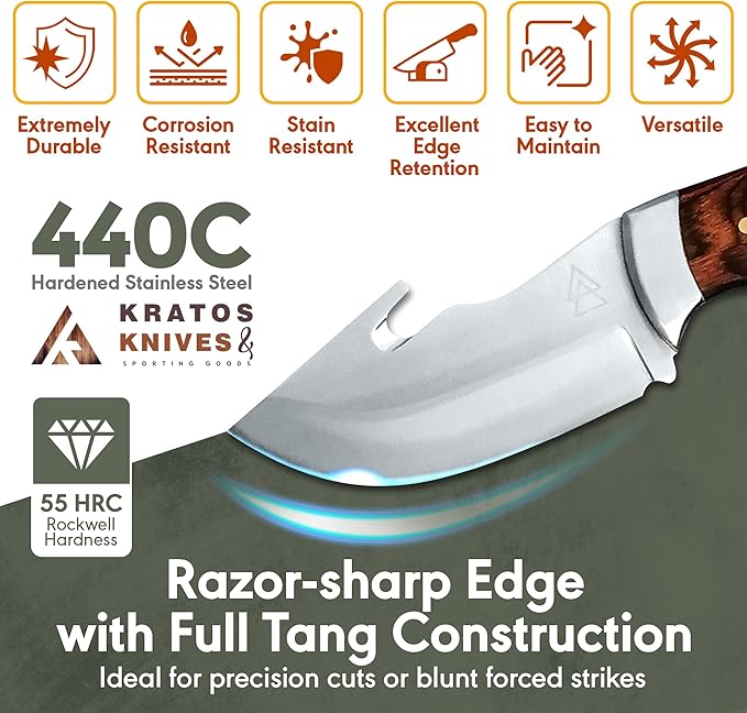 Hunting Knife with Gut Hook, 7.68" Gut Hook Hunting Knife with 440C Stainless Steel Outdoor Gut Hook Knives, Leather Sheath Included by Kratos - ZFS3