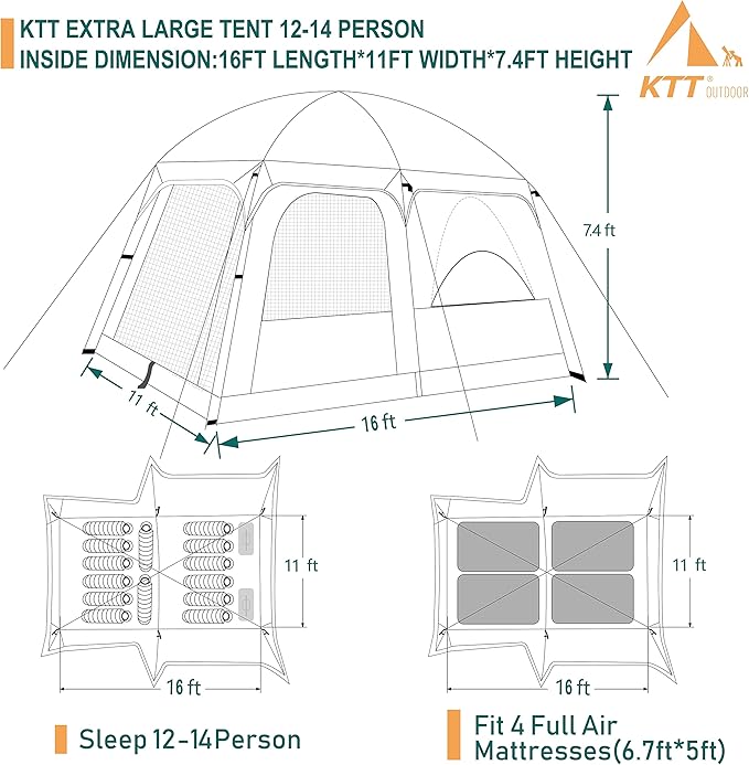 KTT Extra Large Tent 10-12-14 Person(Style-B),Family Cabin Tents,2 Rooms,3 Doors and 3 Windows with Mesh,Straight Wall,Waterproof,Double Layer,Big Tent for Outdoor,Picnic,Camping,Family Gathering