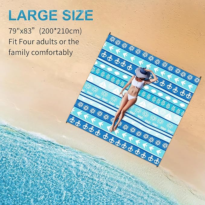Large Beach Blanket Waterproof Sandproof 79"x 83" for 1-4 Adults,Quick Drying Beach Mat,Lightweight & Durable,Beach Essentials for Family Beach Camping Travel Picnic (Blue Stripe)