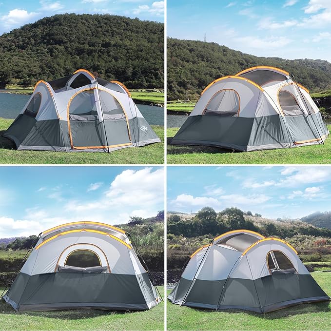 UNP Camping Tent 8/9 Person, Family Camping Tent, 5 Large Ventilation Mesh Windows, 14'x14'x78 inches Tall with Dividers Curtain for 2 Room