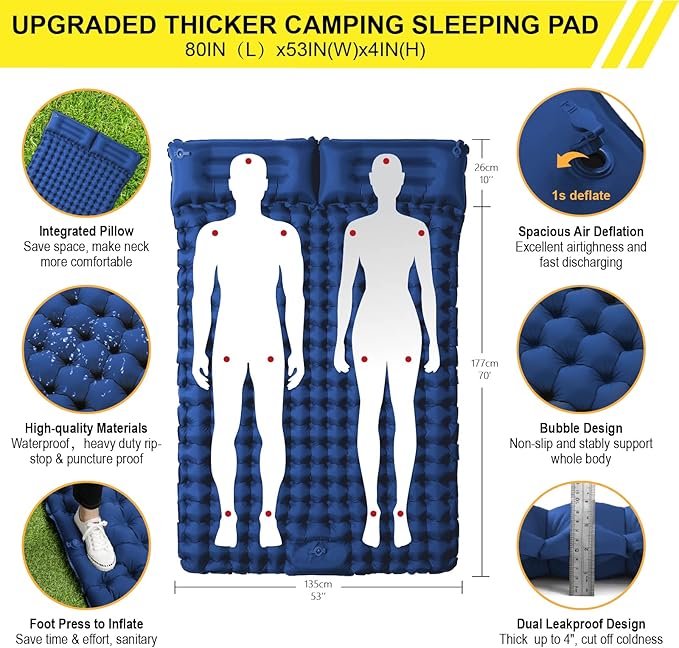 Double Sleeping Pad for Camping Inflatable 2 Person Sleeping Mat with Built-in Pump, Foot Press Ultralight Extra Thick Camping Mat with Pillow for Backpacking, Traveling, Hiking, Durable & Waterproof