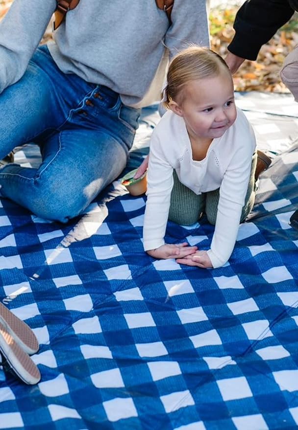 Little Unicorn Outdoor Family Picnic & Beach Blanket, Water-Resistant, Compact Fold, Large Size, 5 x 7 feet, (Navy Plaid)