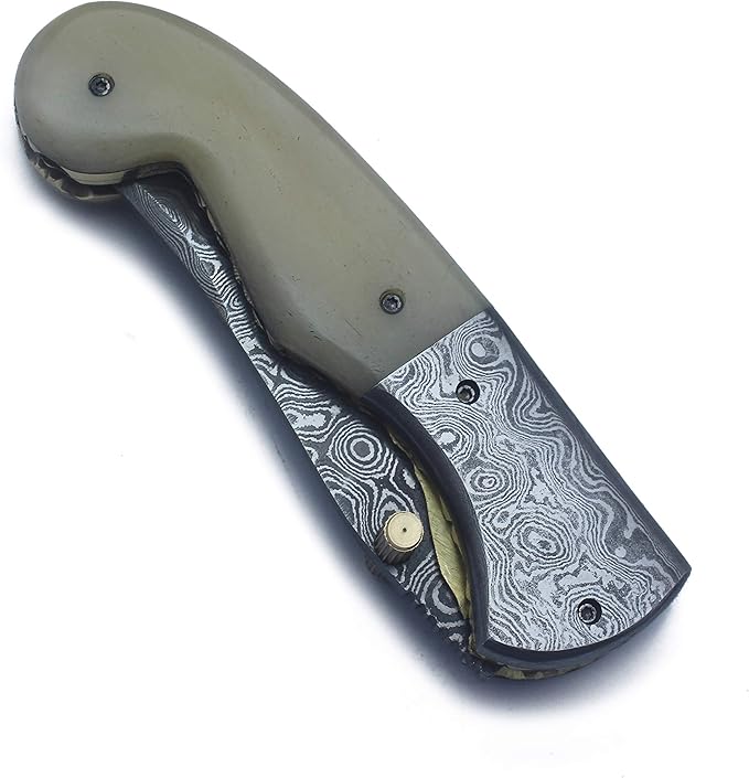Handmade Damascus Folding Pocket Bowie Knife for Edc,Hunting,Survival,CampingBushcraft,Skinning and Fishing with Full Tang Camel Bone Handel and Cowhide-Leather Sheath For Men and Women (DCF26 - Typhoon)