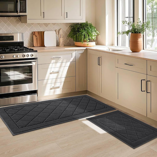 JSEI Non-Slip Kitchen Rugs, Self Adhesive No Sliding Kitchen Mats Set of 2, Soft Washable Absorbent Floor Mat for Kitchen, Bathroom, Laundry Room, Bedroom, 20”x32”+20”x48”, Dark Grey, Diamond Pattern