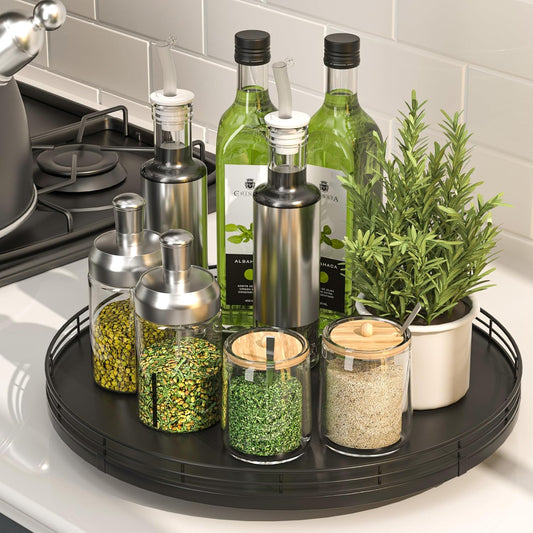 13" Oak Wood Lazy Susan Organizer, Lazy Susan for Cabinet Dining Table Pantry Wood Turntable Organizer Tray for Coffee Table Kitchen Countertop Salt Pepper Spice Organization and Storage Round Black