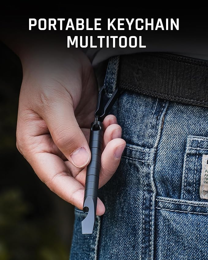 TISUR Titanium EDC Pry Bar, Keychain Prybar Multitool With Bottle Opener, 6 in 1 Portable Pocket Mini Crowbar Tool (Black)